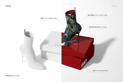 Fabric ankle boots mockup featuring one boot with a grid pattern and another with a floral design, shown on a red shoebox.
