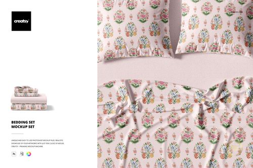 Bedding set mockup featuring a light pink background with multicolored floral designs, shown with pillows and sheets.