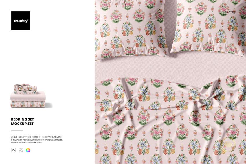 Bedding set mockup featuring a light pink background with multicolored floral designs, shown with pillows and sheets.