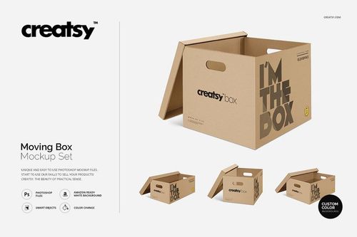 Set of four cardboard moving box mockups displayed in different perspectives on a neutral white backdrop.