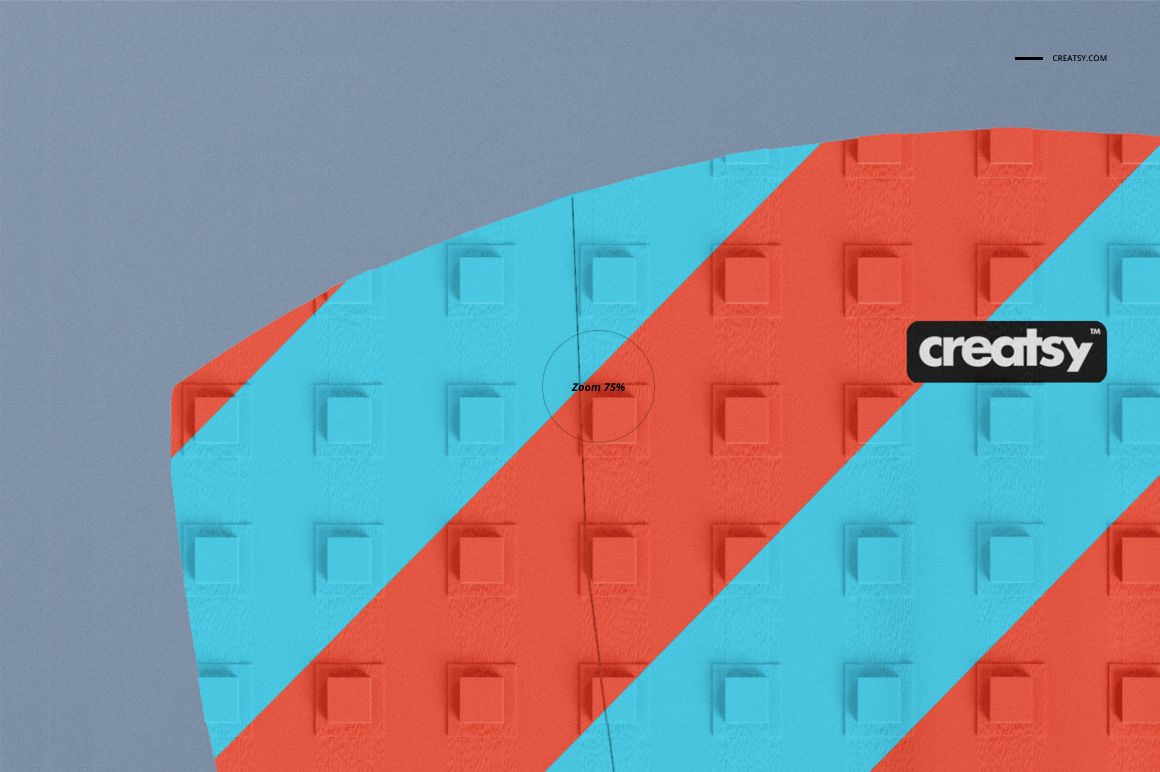 Surfboard traction pad mockup featuring raised square texture and bold red and blue stripes, viewed from above.