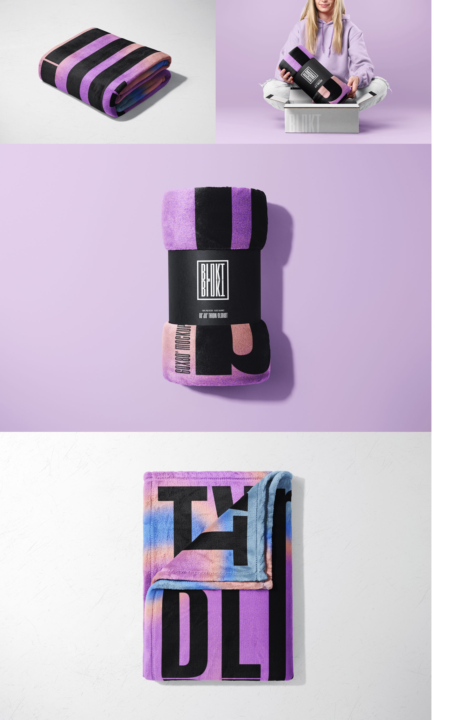 Fleece blanket mockup bundle featuring folded, rolled, and spread blankets in purple, black, and peach tones.