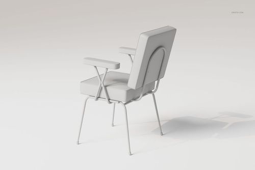 Modern office chair with a minimalist design, featuring a padded seat, backrest, and metal legs, rear angle view.