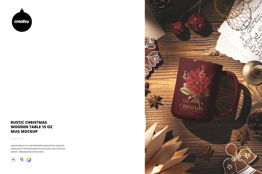Rustic Christmas Wooden Table 15 oz Mug Mockup - mockup screenshot 1