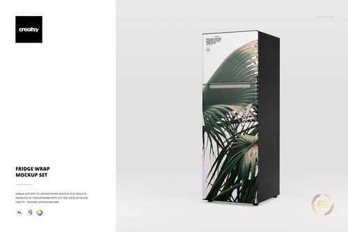 Refrigerator mockup with green palm leaf design on the doors, shown in a clean and modern setting.