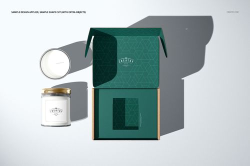 Insert tray generator mailing box mockup set displayed from above, featuring green packaging and candle jar props.