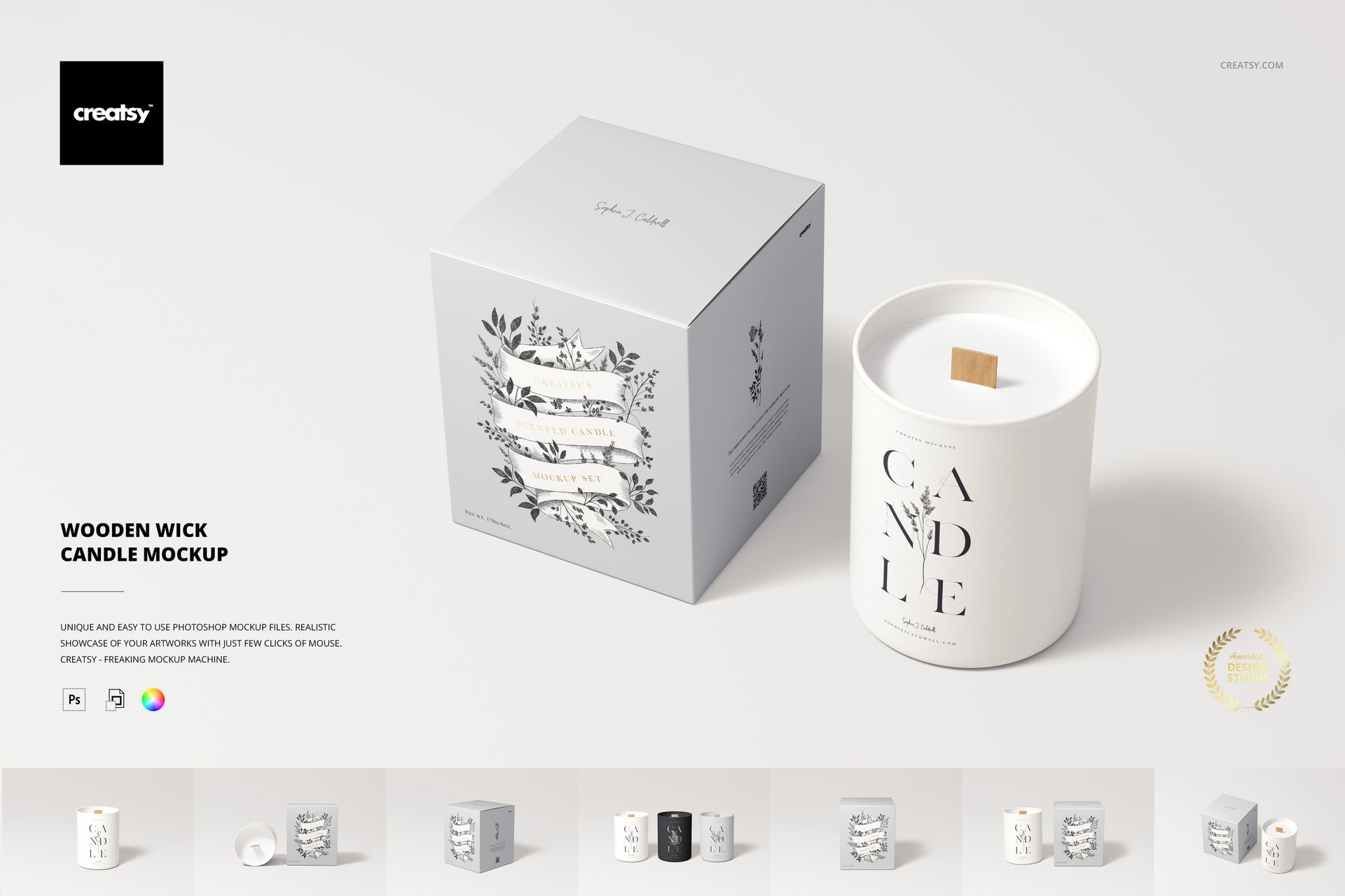 Minimalist scene showing a white wooden wick candle and its box with botanical design, presented as a PSD mockup.