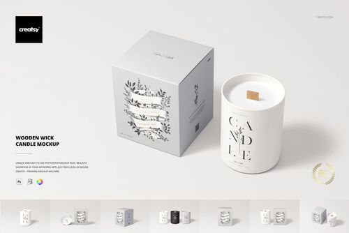 Minimalist scene showing a white wooden wick candle and its box with botanical design, presented as a PSD mockup.