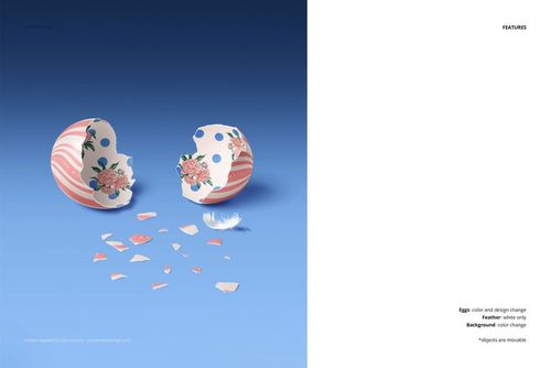 PSD mockup showing a cracked Easter egg with decorative pink flowers and stripes, fragments, and a feather on blue.