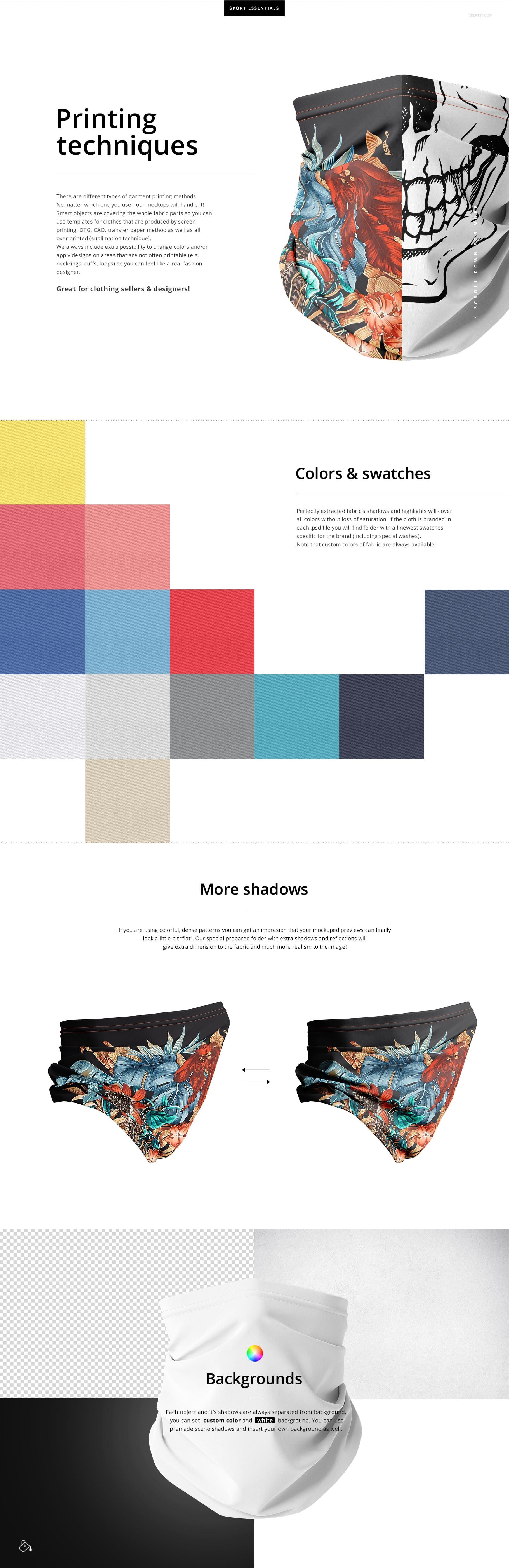 All-over print neck gaiter mockup featuring multiple views, with colorful abstract and skull designs, front and angled perspectives.