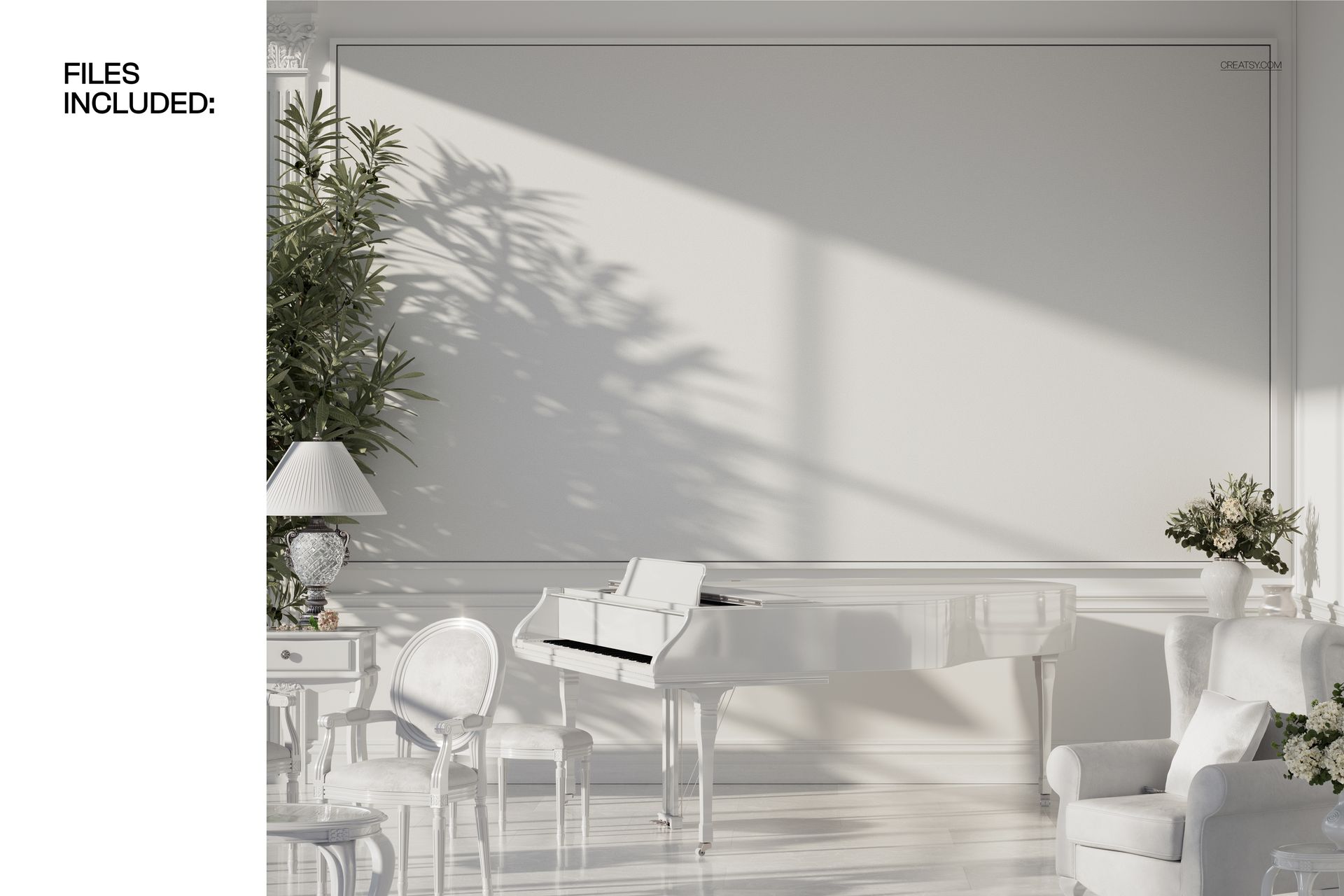 PSD mockup of a sophisticated living room interior with a grand piano, ornate chairs, and minimalist decor.