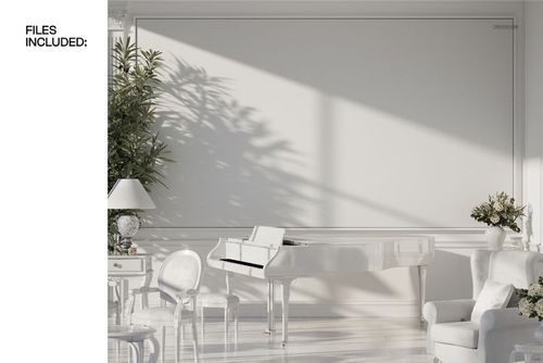 PSD mockup of a sophisticated living room interior with a grand piano, ornate chairs, and minimalist decor.