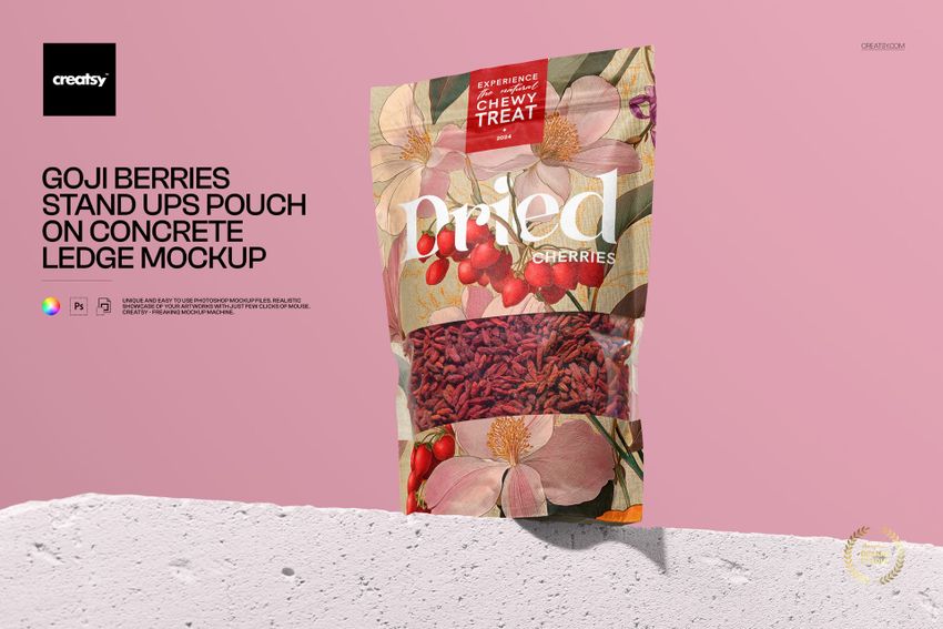 Free Stand Up Pouch on Concrete Ledge Packaging PSD Mockup - mockup screenshot 1