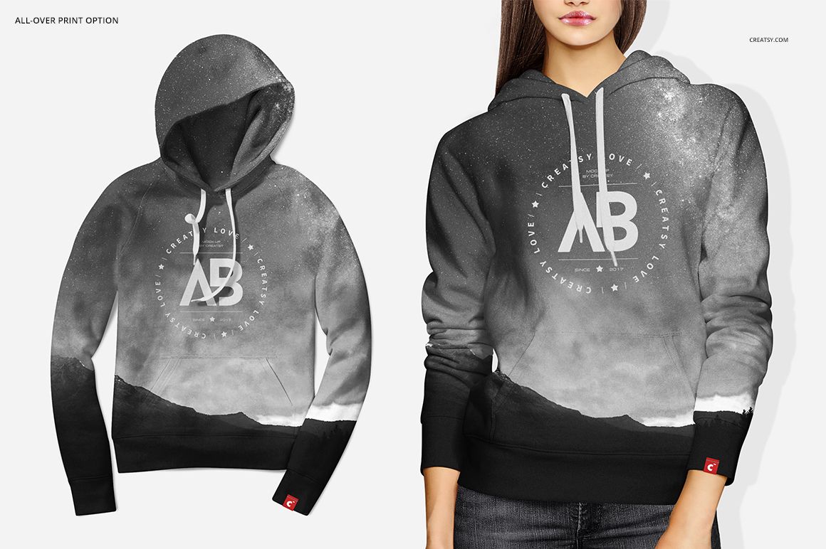 Front view of women’s hoodie mockup with black and white mountain landscape print, white laces, and neutral background.