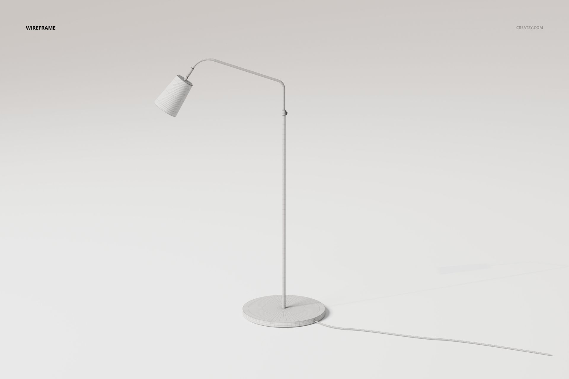 Minimalist task lamp with a slender metal stand and angled shade, shown in a wireframe style on a plain background.