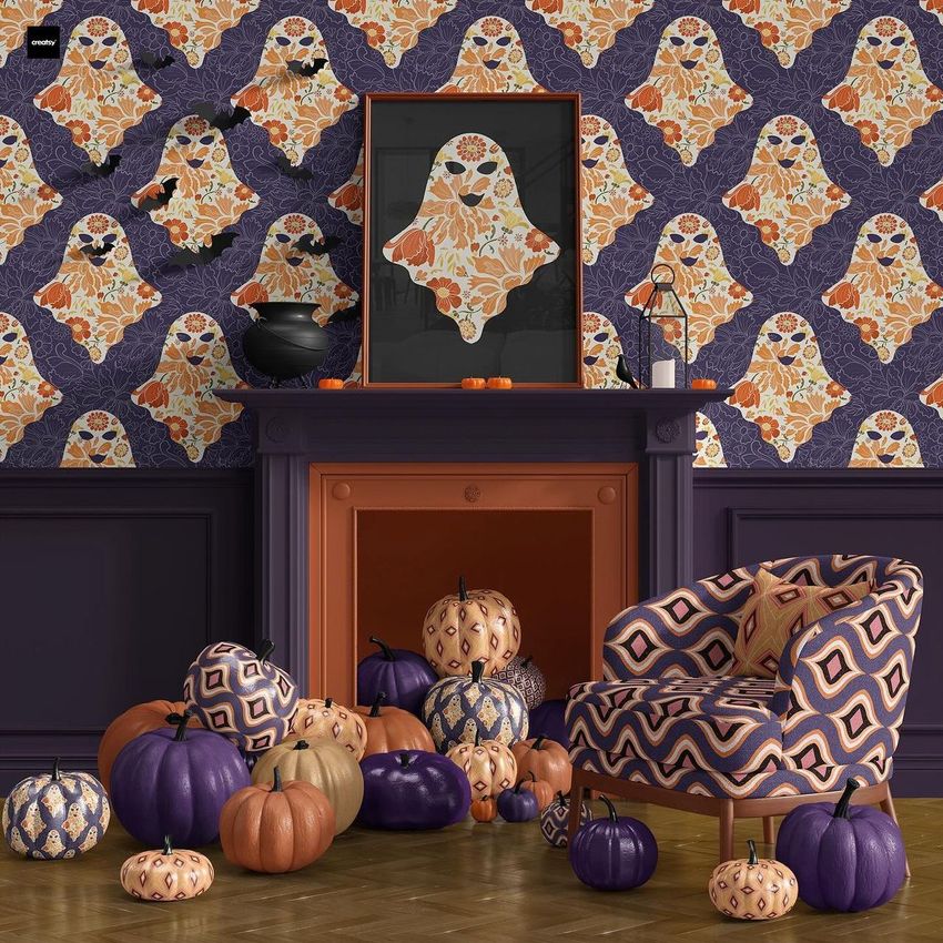 Halloween themed interior mockup featuring a decorated fireplace, patterned ghost wallpaper, and pumpkins in purple and orange.