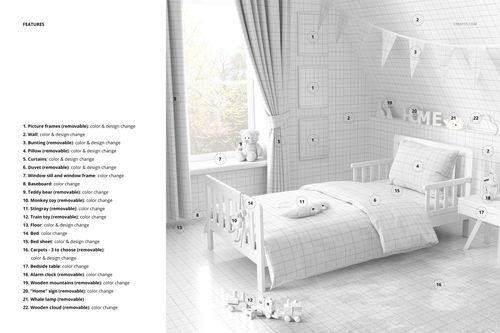 Toddler room bedding mockup showing a white duvet cover and pillow with grid pattern, bed, curtains, and decor in a bright nursery scene.