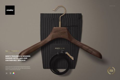 Men’s Trousers & Wooden Hanger with Card and Leather Belt Mockup - mockup preview 1