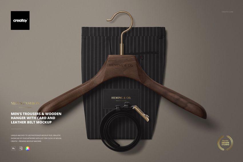 Men’s Trousers & Wooden Hanger with Card and Leather Belt Mockup - mockup screenshot 1