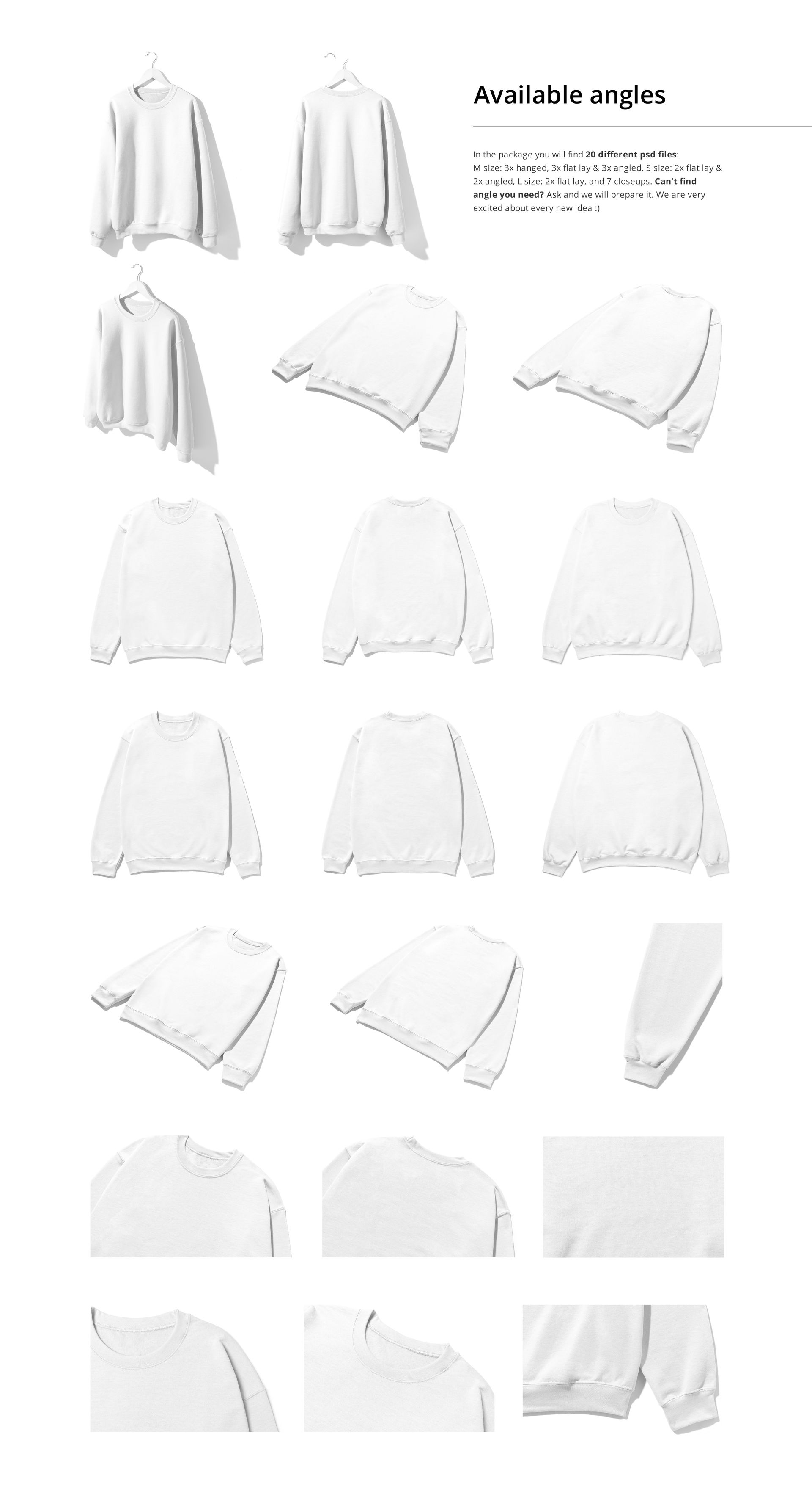 Collection of blank sweatshirts arranged in front, side, and detail shots for apparel PSD mockup presentation.