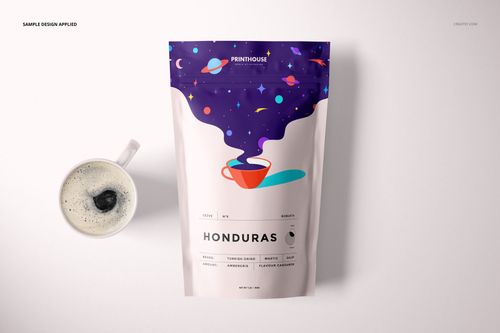 Stand up zip lock pouch mockup featuring a vibrant cosmic illustration and a white mug, shown from the front on a pale background.