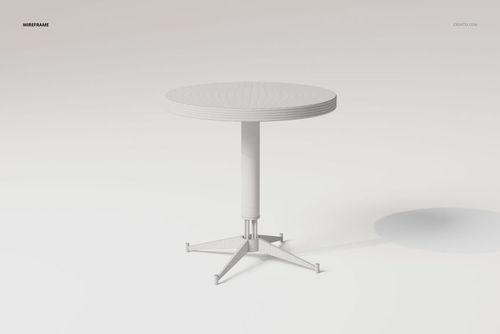 Round modern tray table with a textured surface, central pedestal base, and four angled legs, shown in wireframe style.