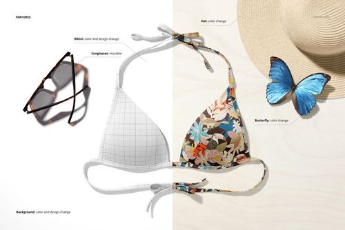 Flat lay of a bikini mockup with one side showing a grid pattern and the other side a floral design, next to sunglasses, a straw hat, and a blue butterfly on a light wood surface.