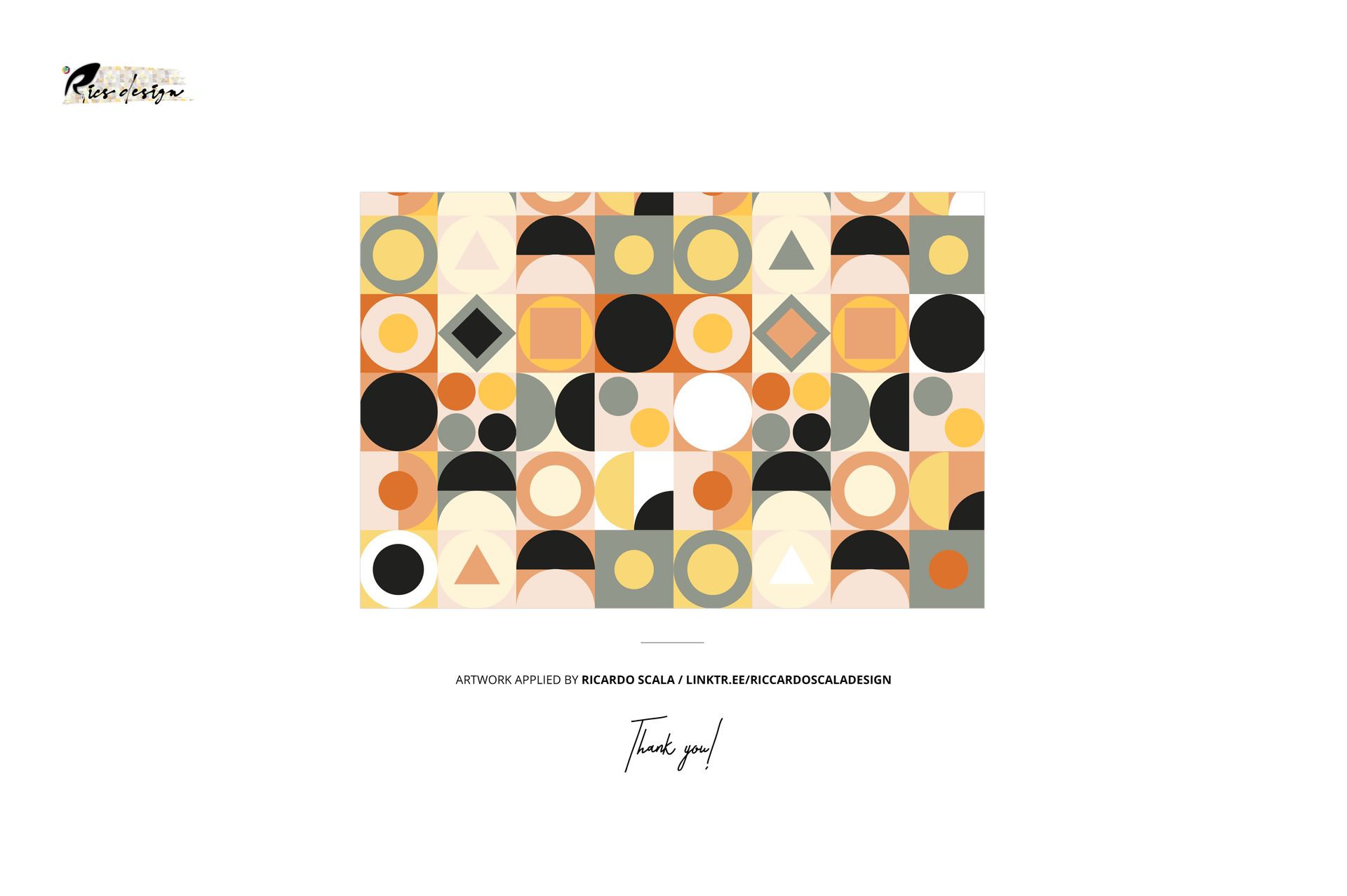 Geometric pattern featuring circles, squares, and triangles in black, orange, yellow, and beige on a kitchen cupboard mockup.
