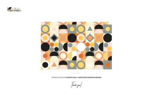 Geometric pattern featuring circles, squares, and triangles in black, orange, yellow, and beige on a kitchen cupboard mockup.