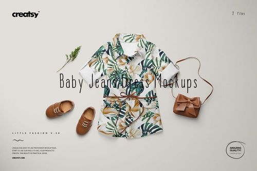 Baby jeans dress mockup featuring a leafy pattern, styled with brown baby shoes, a bow handbag, and decorative greenery.