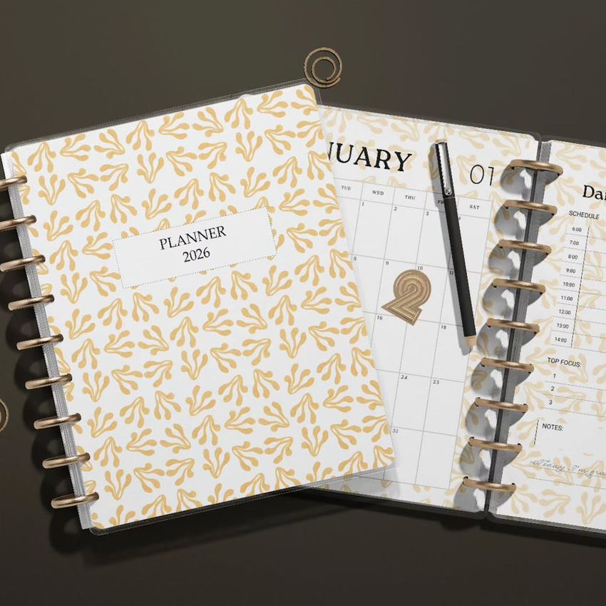 Minimalist spiral planner mockup with one closed decorative cover and one open to a dated calendar layout, pen resting on the page.