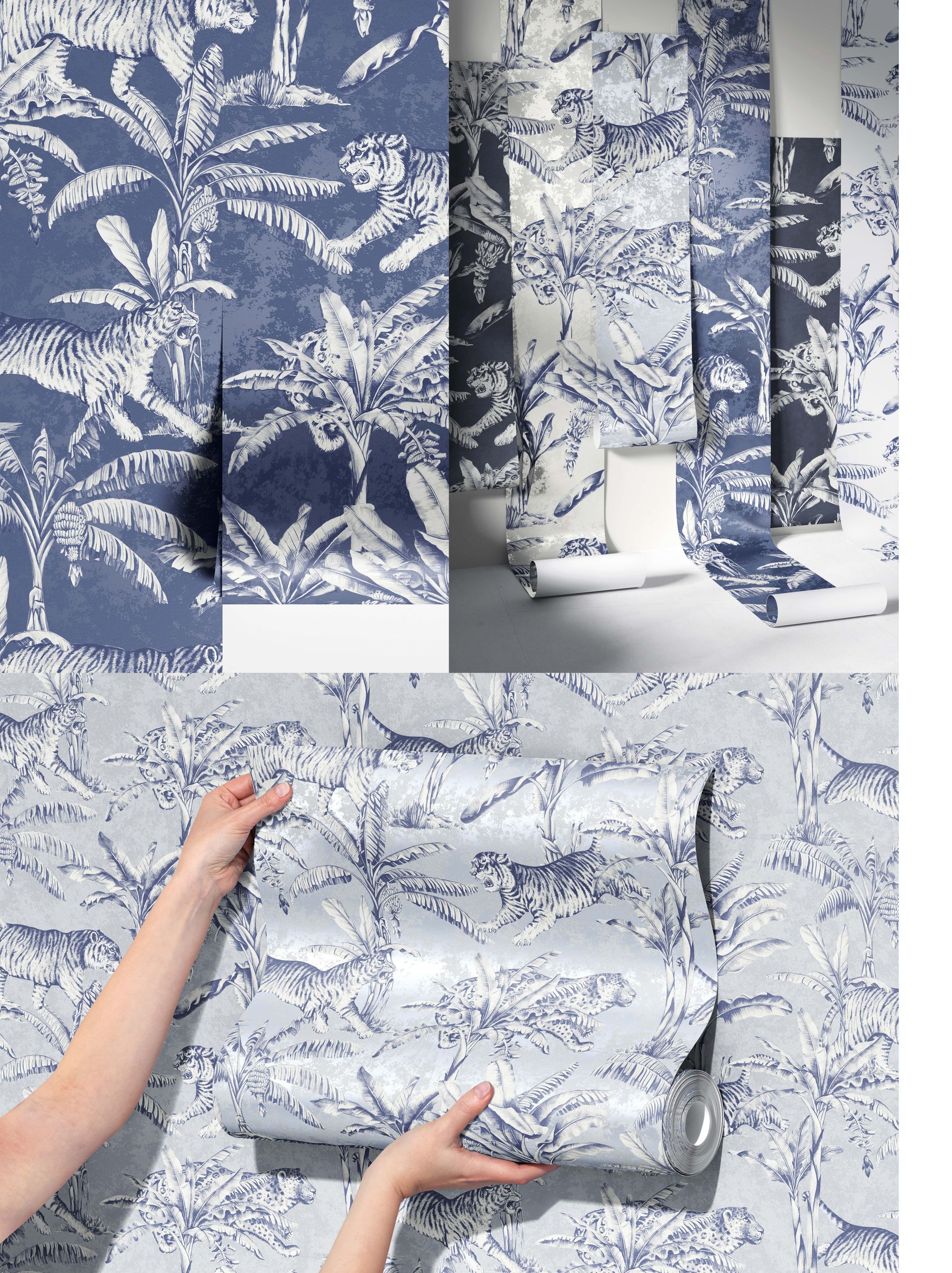 Rolled paper wallpaper mockup featuring a blue and white tiger and foliage design, displayed from various angles.