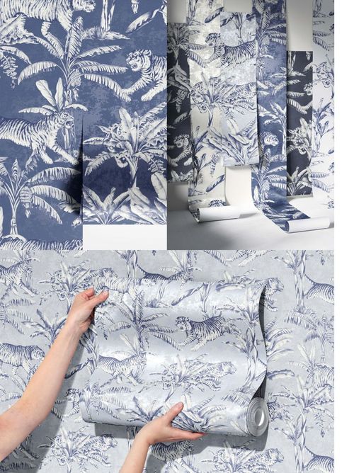 Rolled paper wallpaper mockup featuring a blue and white tiger and foliage design, displayed from various angles.