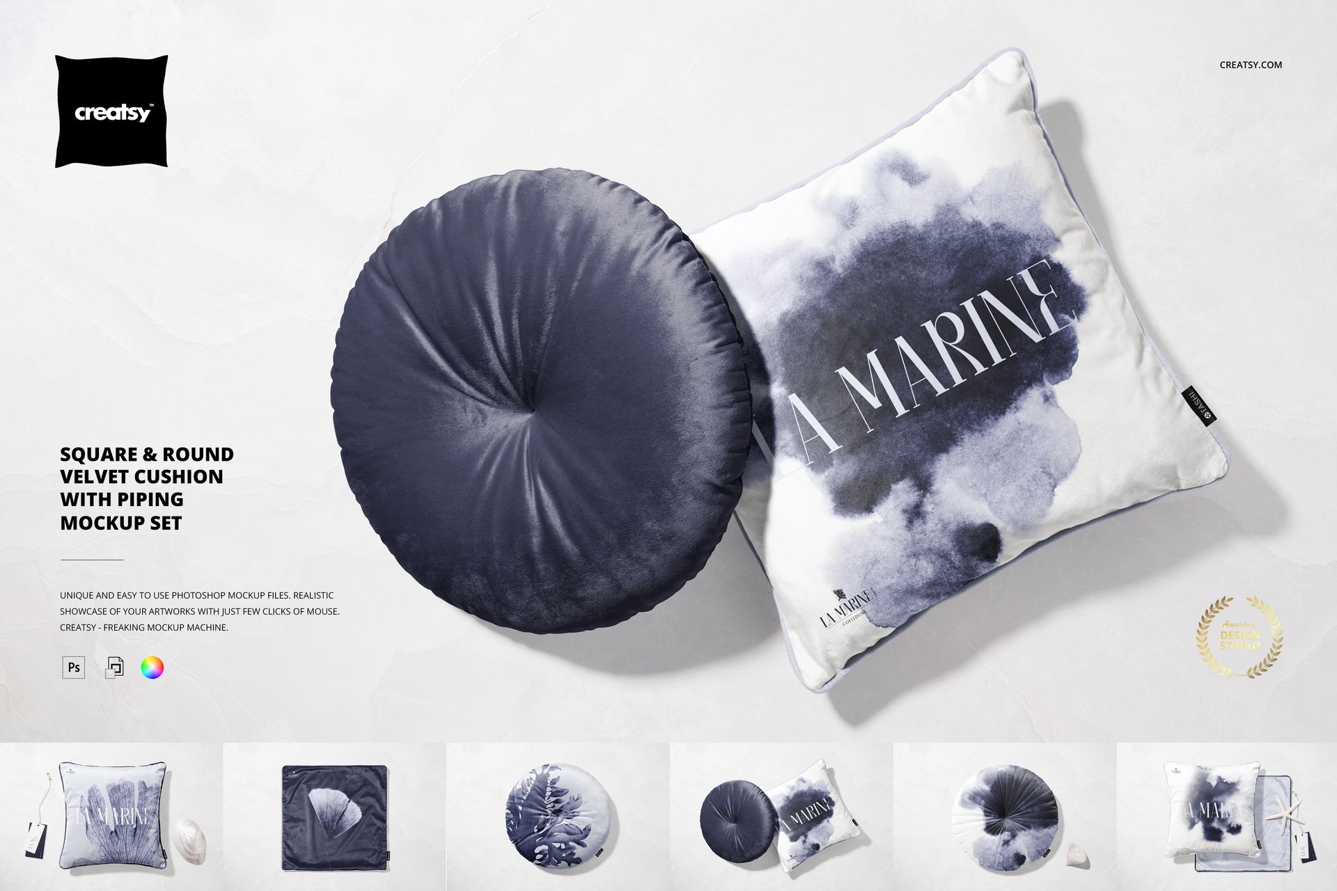 Mockup set featuring a square cushion with artistic blue print and a round navy velvet cushion, displayed on a light surface.