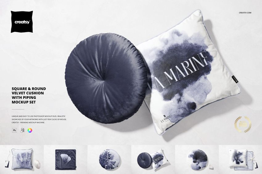 Square & Round Velvet Cushion with Piping Mockup Set - mockup screenshot 1