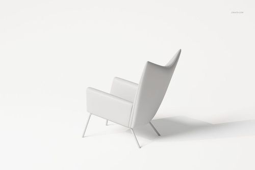 Modern armchair with angled backrest and slim metal legs in light gray, shown from a rear side perspective on white background.