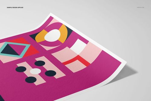 A3 fine art print mockup featuring a vibrant abstract geometric design on magenta paper, angled view.