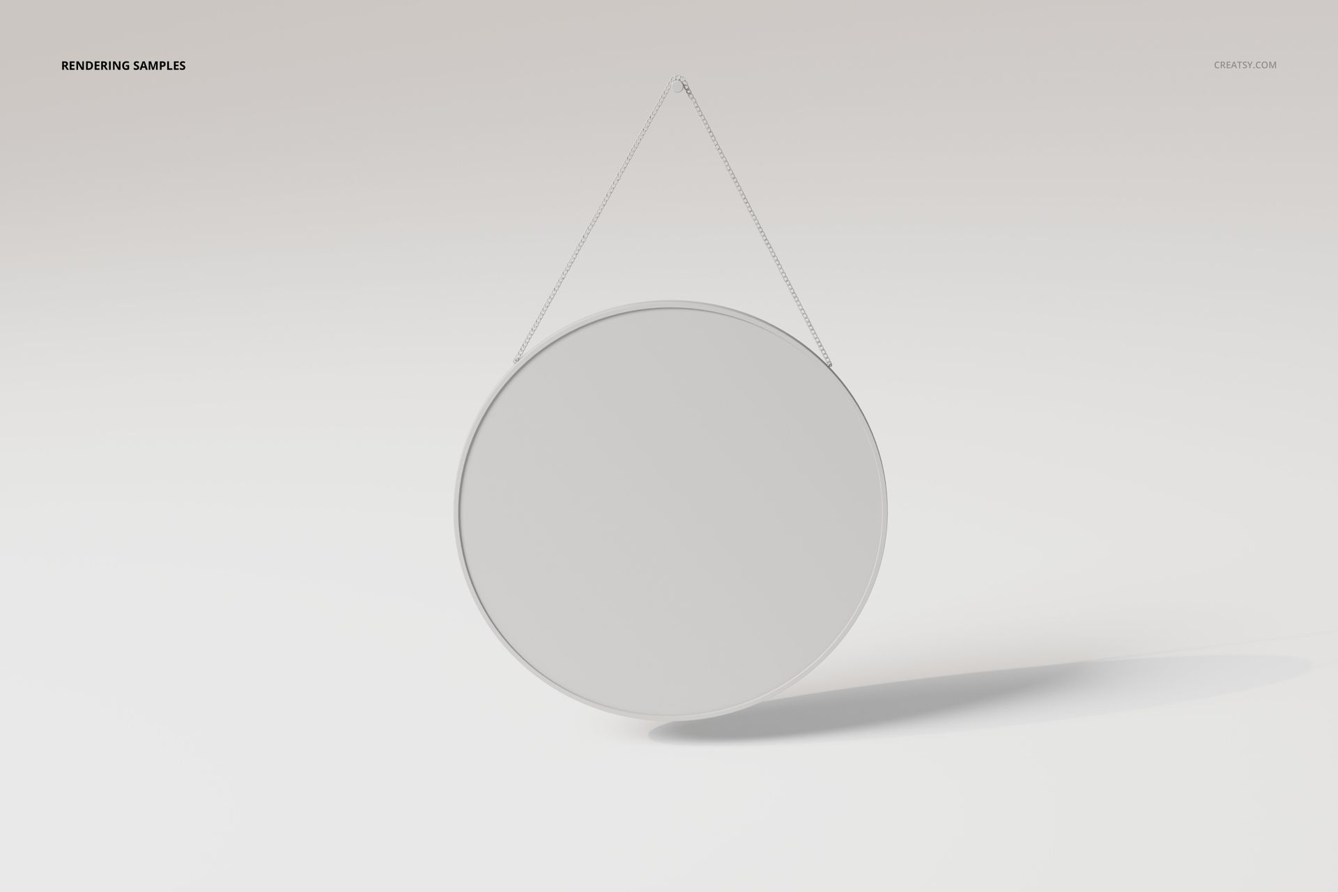 Round wall mirror with a thin metal frame, suspended by a chain, shown from the front against a light background.