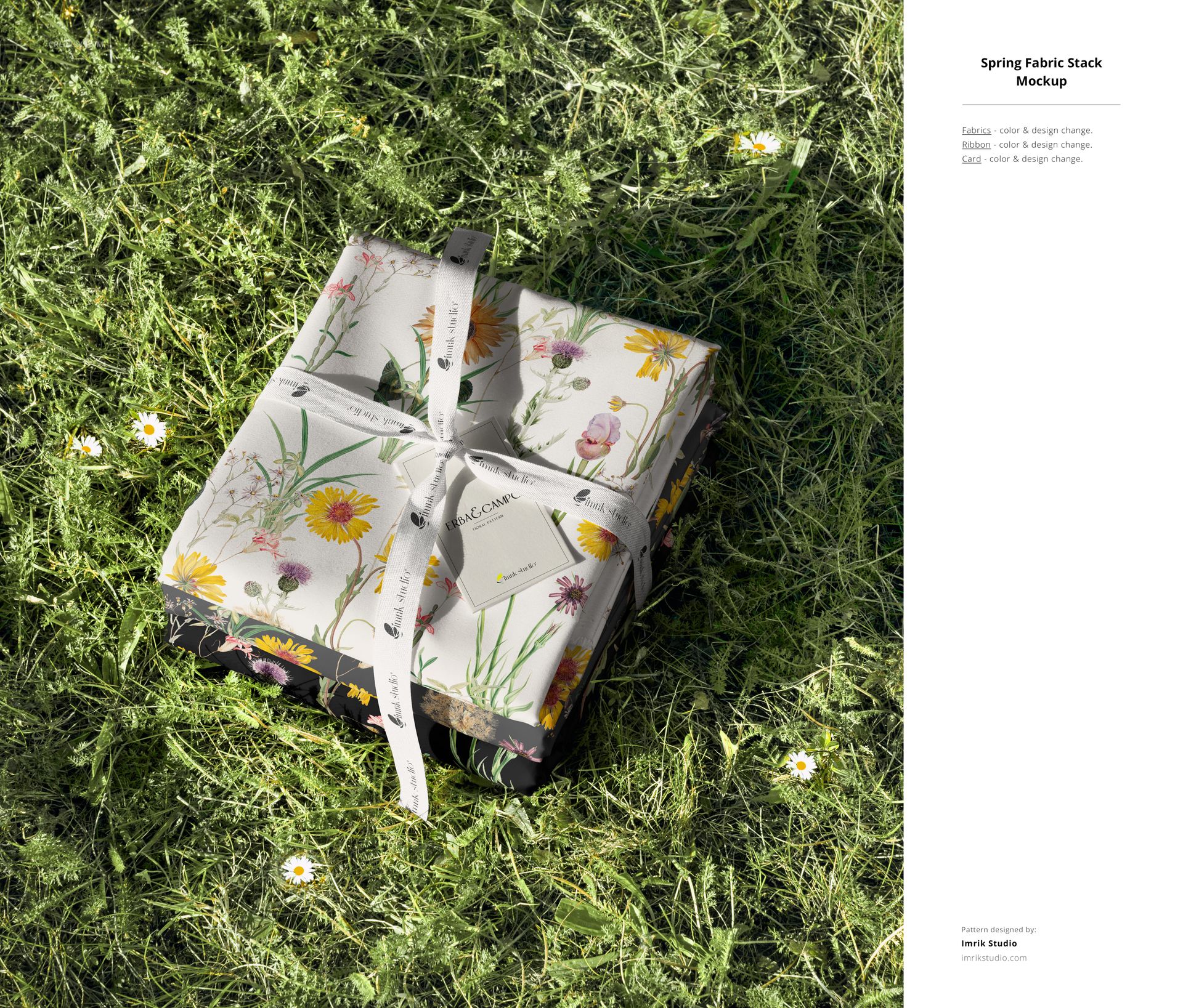 PSD mockup featuring multiple fabric samples with botanical prints, arranged in a neat stack on a lawn.
