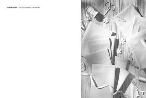 Jersey fabrics and ribbons mockup showing multiple fabric swatches, scissors, thread, and needle on a wood background.