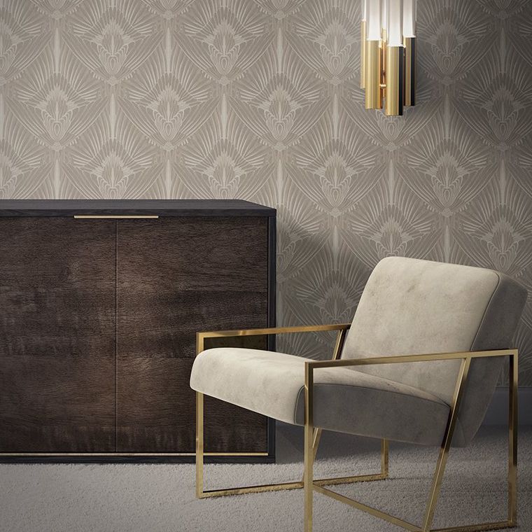 Modern luxury armchair mockup with gold frame and beige upholstery beside a dark wood sideboard against patterned wallpaper.