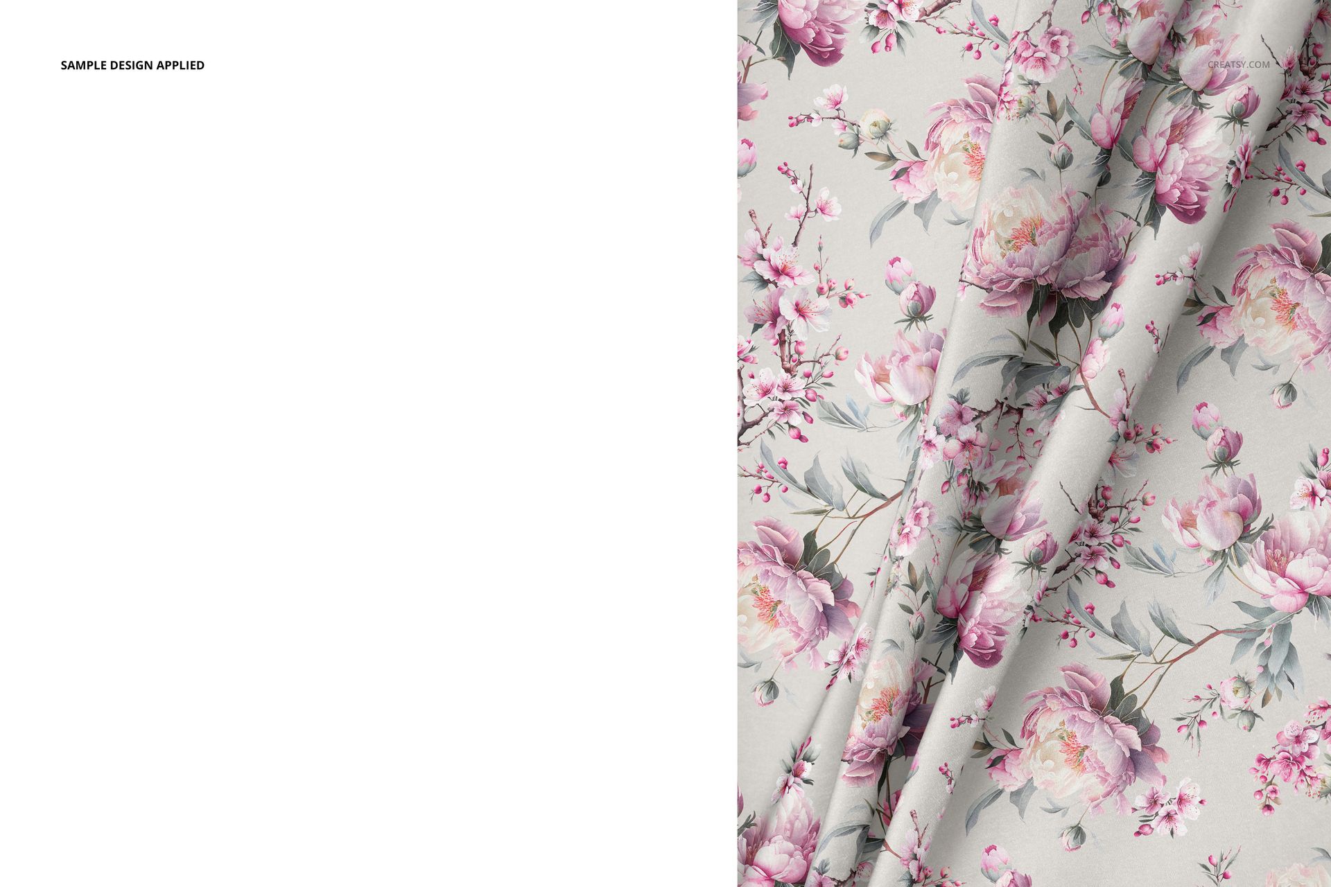 PSD mockup of fabric with realistic pipe folds, decorated with pink flowers and green leaves on a light background.