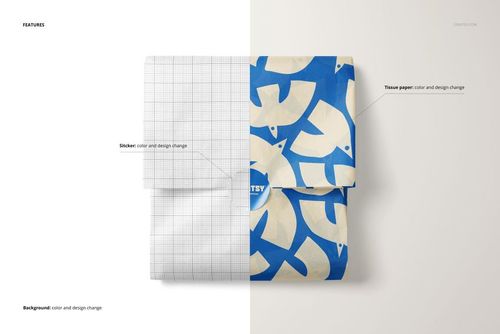 Tissue paper package mockup featuring a folded design, sticker detail, and contrasting grid and blue abstract patterns.