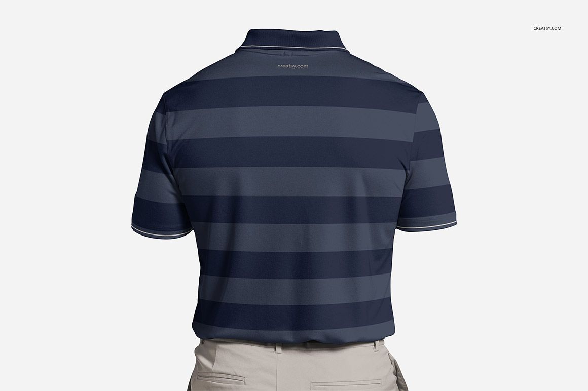Back view of a polyester polo shirt mockup featuring wide horizontal navy and gray stripes, displayed on a plain light background.