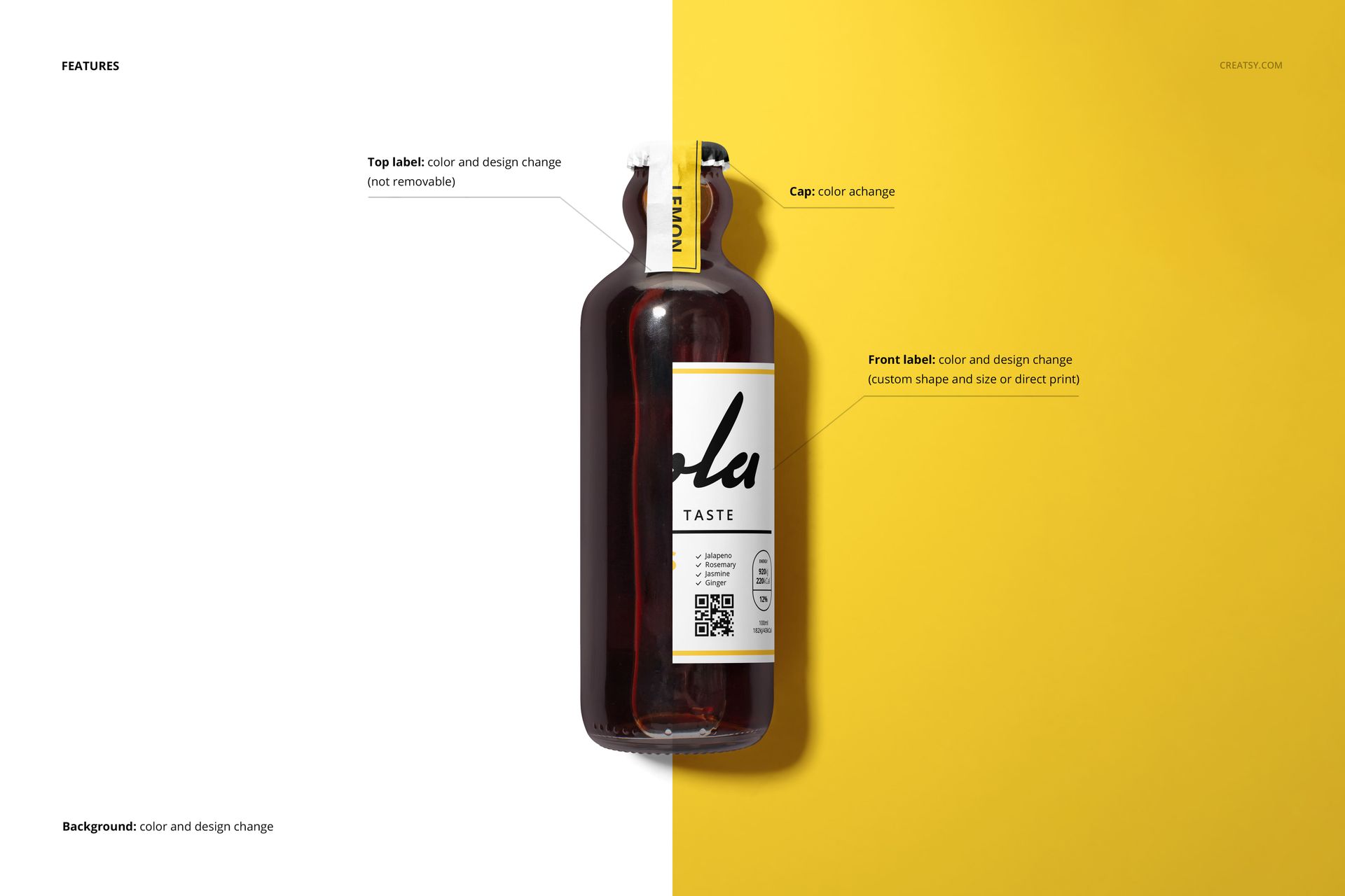Front view of a retro vintage cola glass bottle mockup with dark liquid, split background in white and yellow.