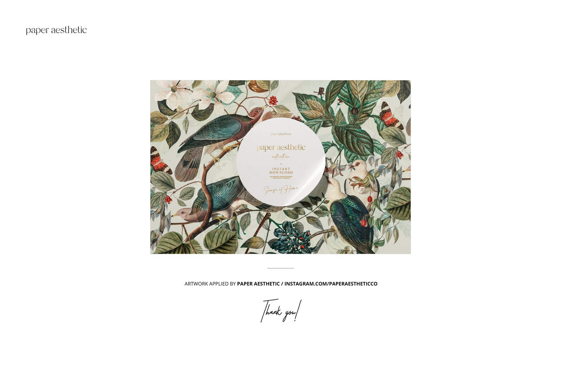 Folded textile mockup with a nature-inspired design of leaves and birds, shown from a top-down perspective.