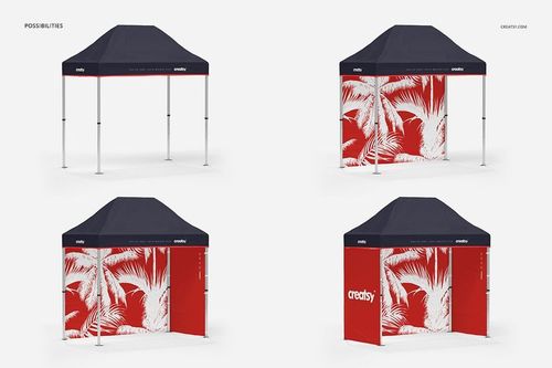 Pop up tent mockup with navy blue canopy and red side panels featuring white palm tree graphics, shown from multiple angles.