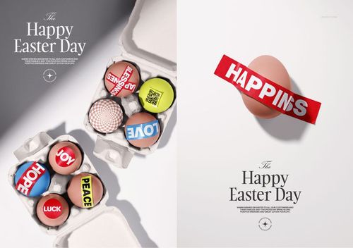 Easter egg cards mockup featuring decorated eggs with bold text designs in an open carton and on a white surface.