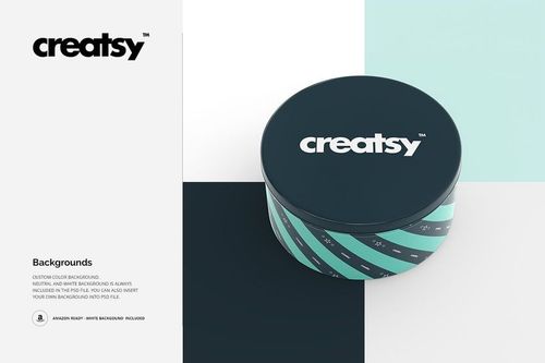 Round metal box with dark teal lid and geometric stripe pattern, displayed on a split color background in a mockup scene.