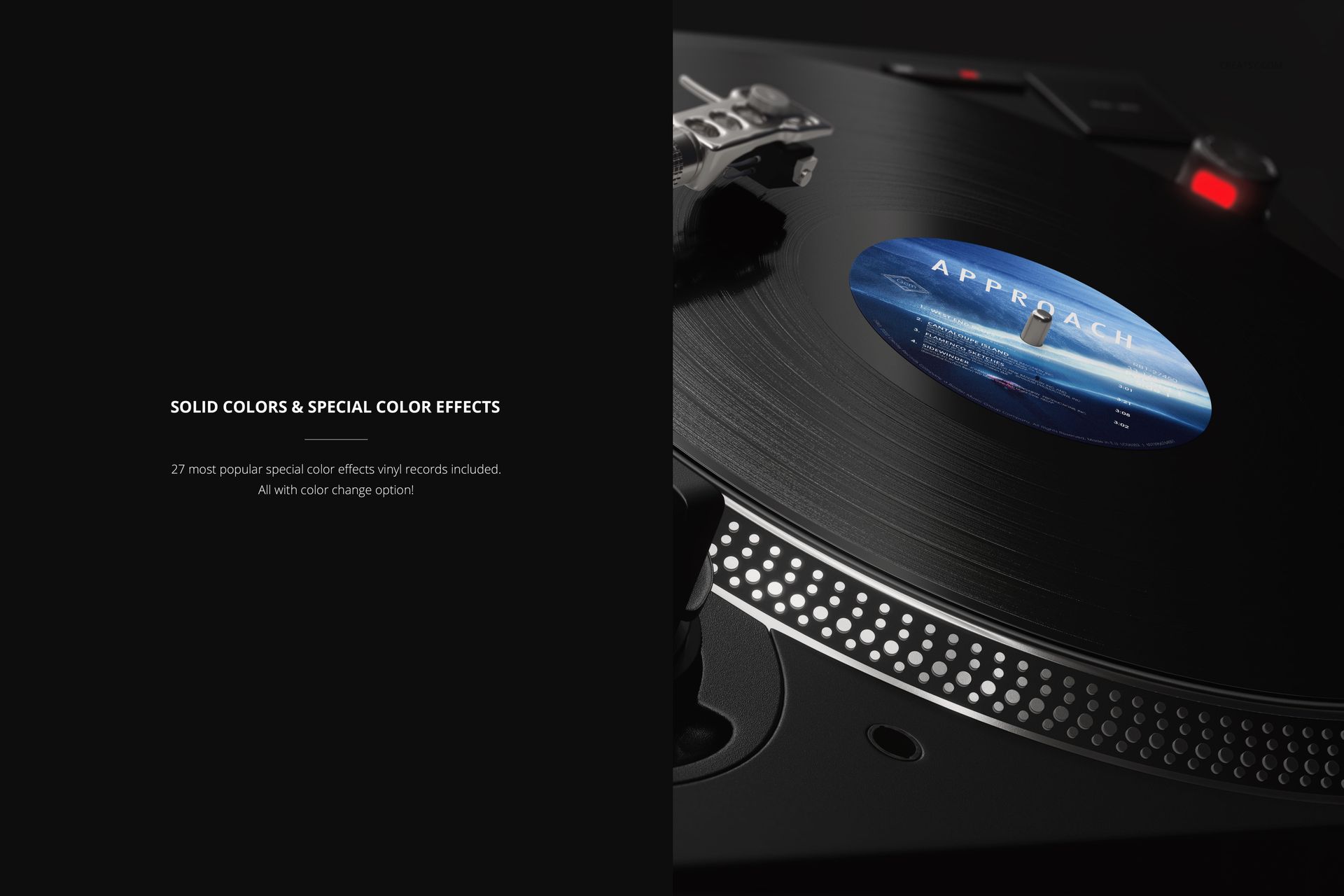 Vinyl record mockup on a DJ turntable, showing grooves and a colorful label under the tonearm.